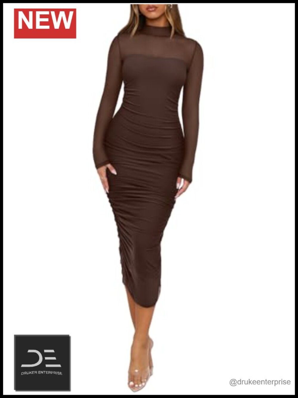 Women's Mesh Long Sleeve Midi Ruched Bodycon Mock Neck Cocktail Dress